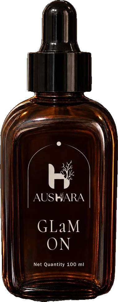 Glam On - For Body body oil in an amber dropper bottle